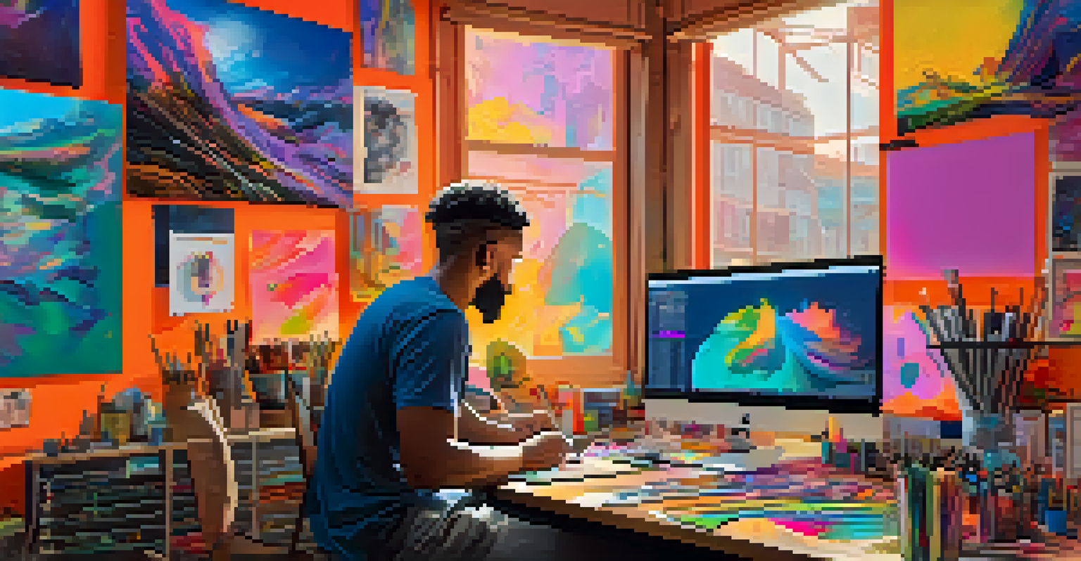 An artist at a workstation creating NFTs, surrounded by colorful sketches and digital devices, with natural light illuminating the space.