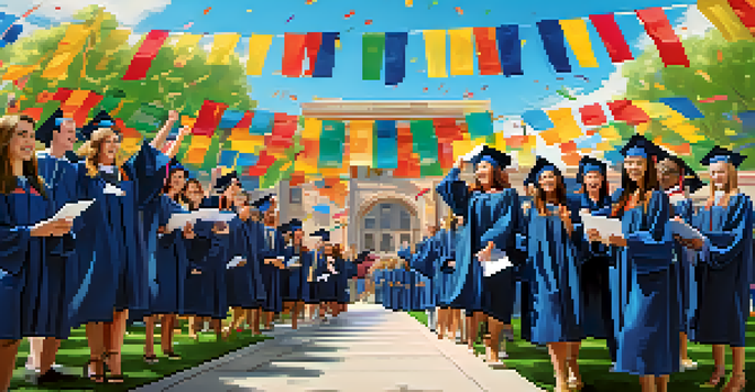 A diverse group of graduating students in caps and gowns celebrating with digital certificates on tablets against a lively university campus backdrop.