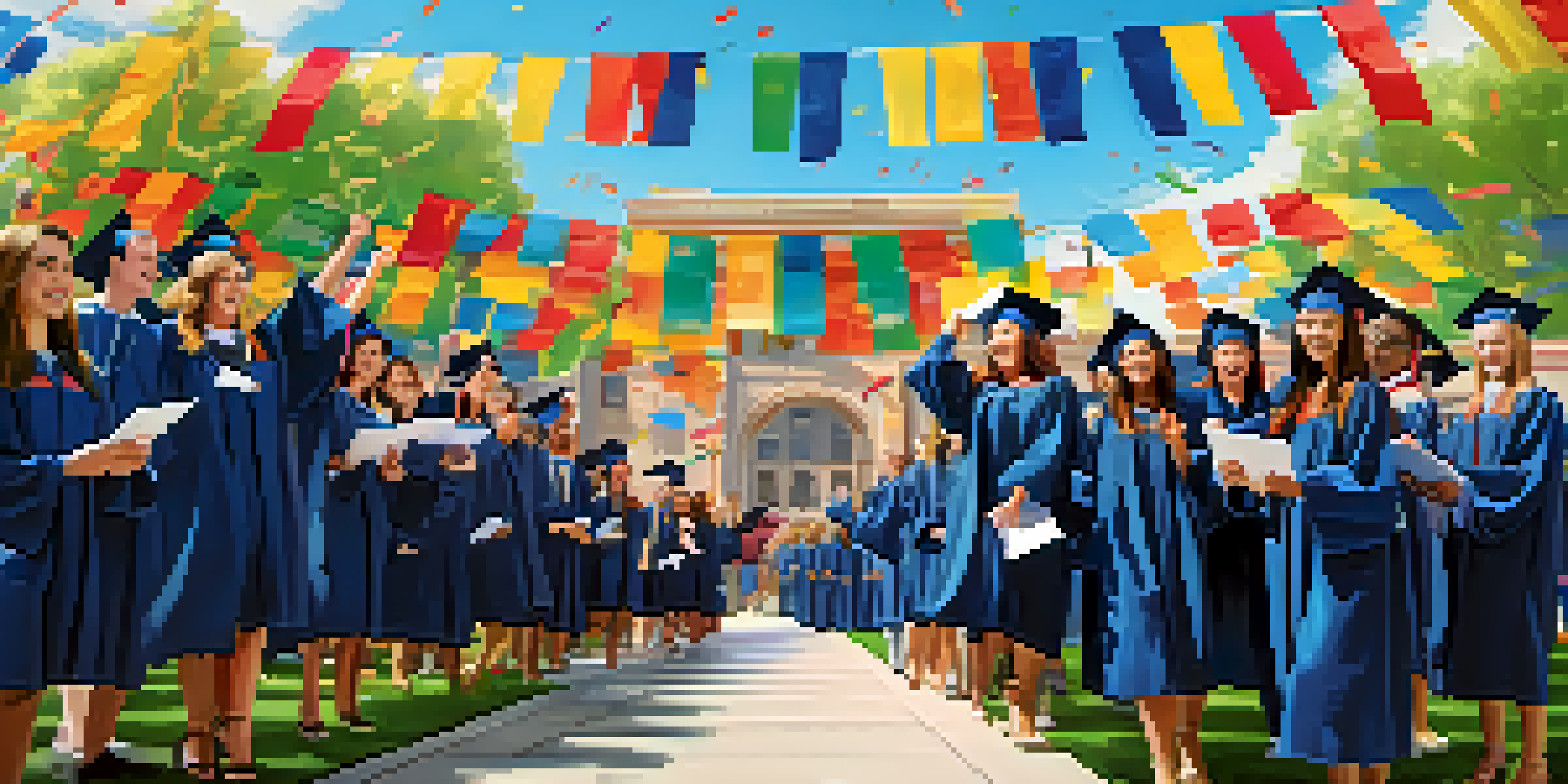 A diverse group of graduating students in caps and gowns celebrating with digital certificates on tablets against a lively university campus backdrop.