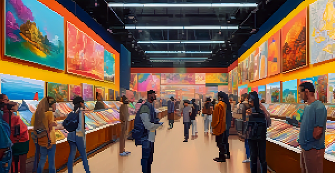A colorful digital art marketplace with various artworks and artists interacting with collectors in a modern setting.