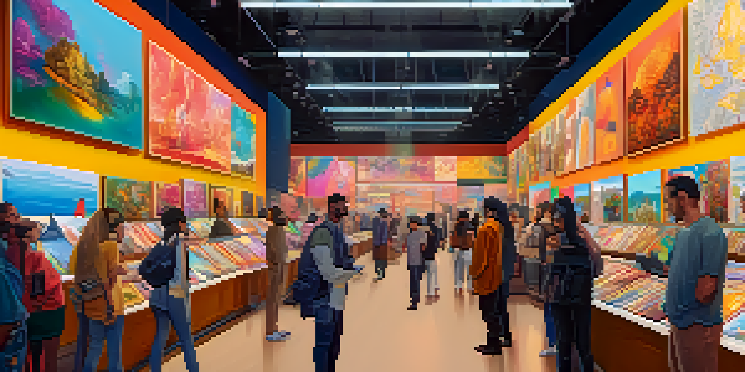 A colorful digital art marketplace with various artworks and artists interacting with collectors in a modern setting.