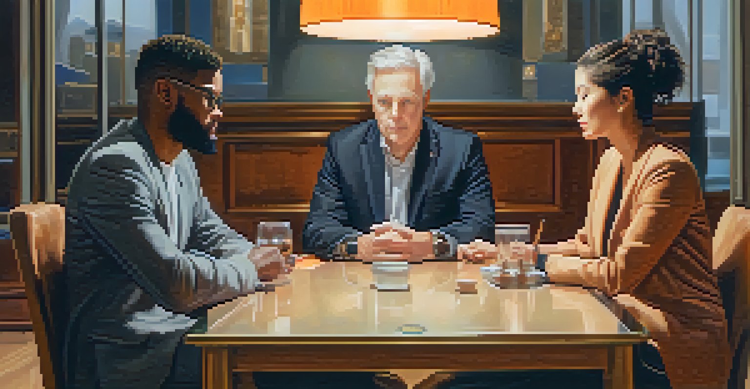 A mediation scene with two individuals discussing NFT ownership at a table, with a neutral mediator facilitating the conversation in a calm environment.