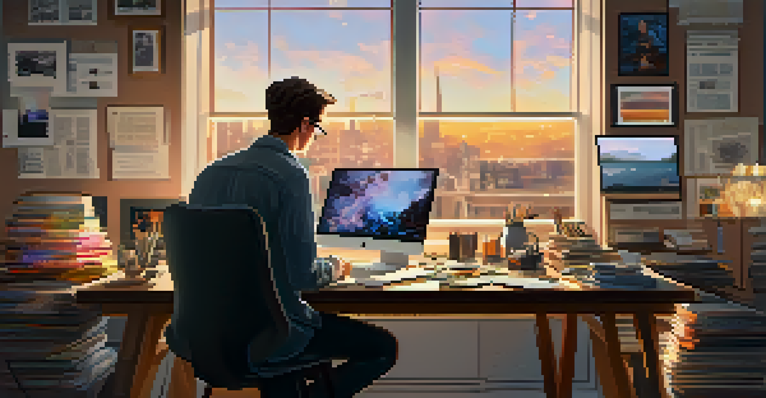A journalist sits at a desk with digital tools, creating NFTs, surrounded by framed artwork and soft window light.