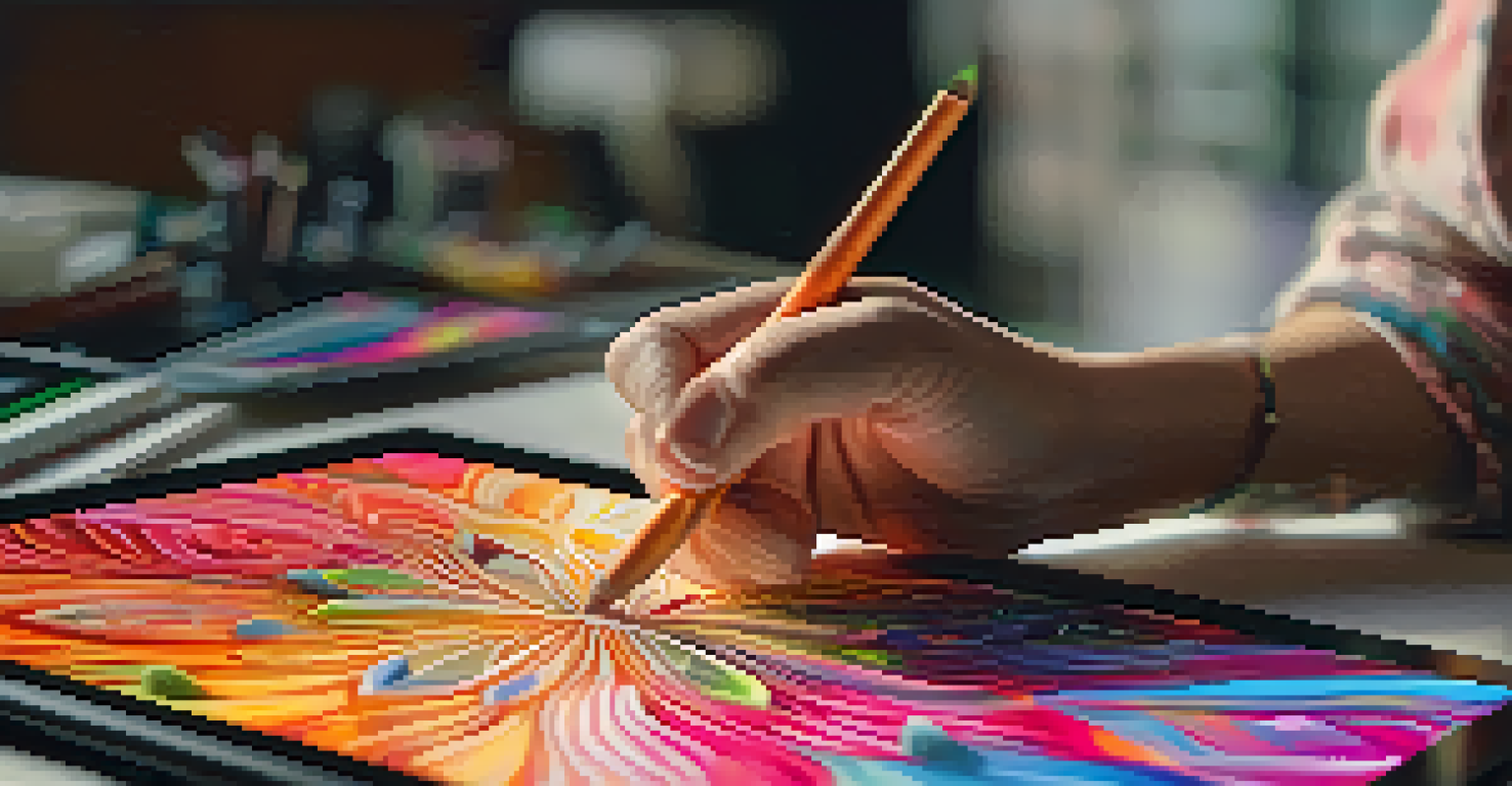 A digital artist creating an NFT on a tablet, showcasing colorful designs and a bright workspace.