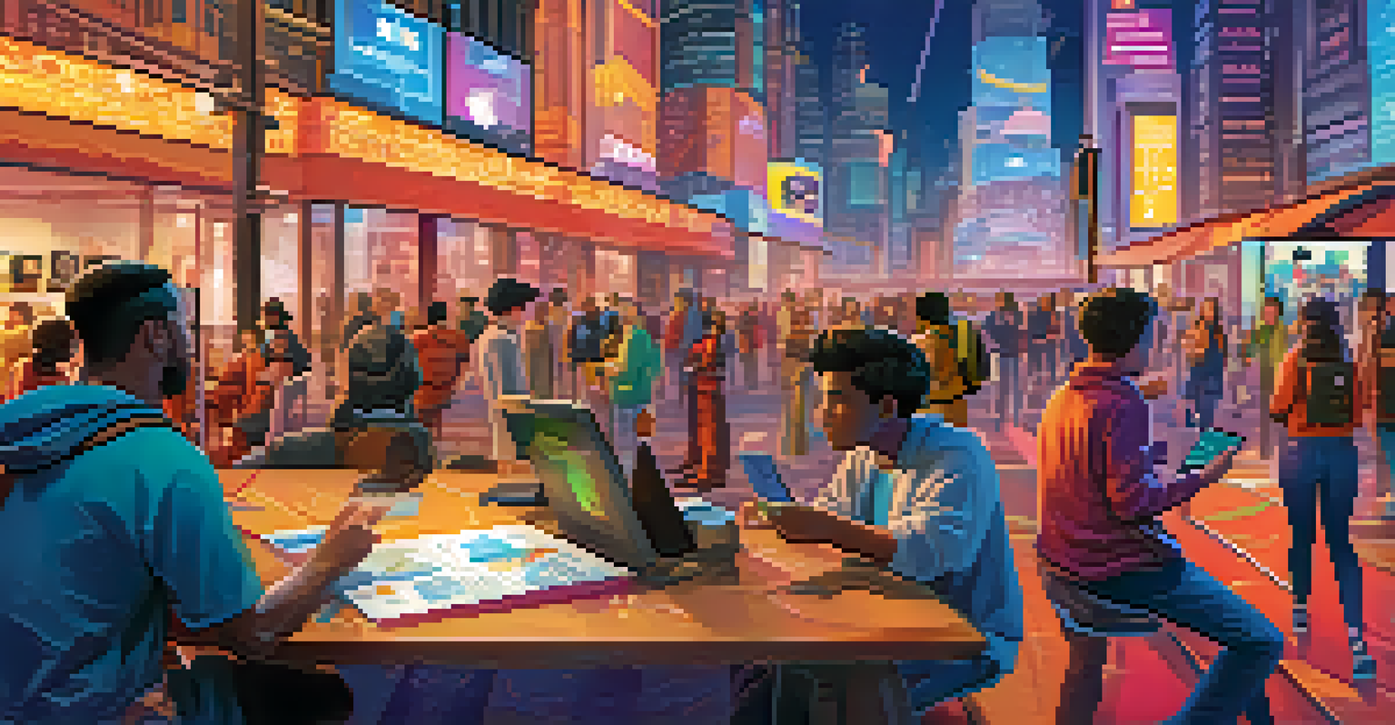 Participants in a digital scavenger hunt collaborating to find hidden NFTs in a vibrant cityscape.
