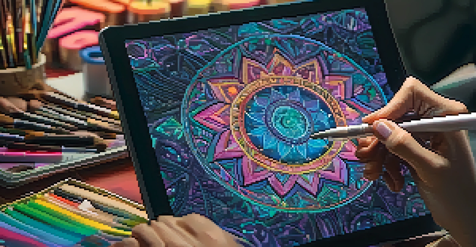 An artist creating a colorful NFT artwork on a tablet, with art supplies around and warm lighting in the workspace.