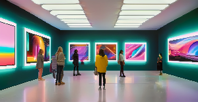 A futuristic art gallery filled with colorful digital artworks displayed in illuminated frames, with people admiring the pieces.