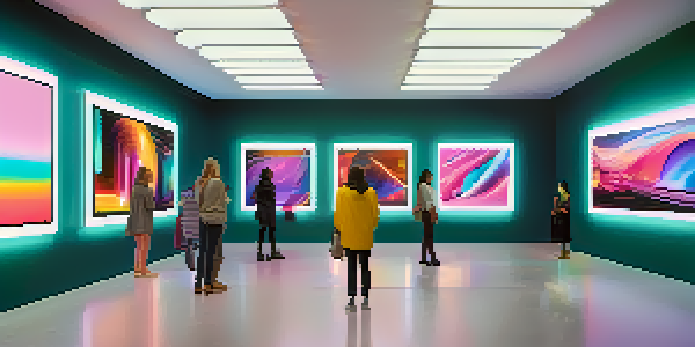 A futuristic art gallery filled with colorful digital artworks displayed in illuminated frames, with people admiring the pieces.