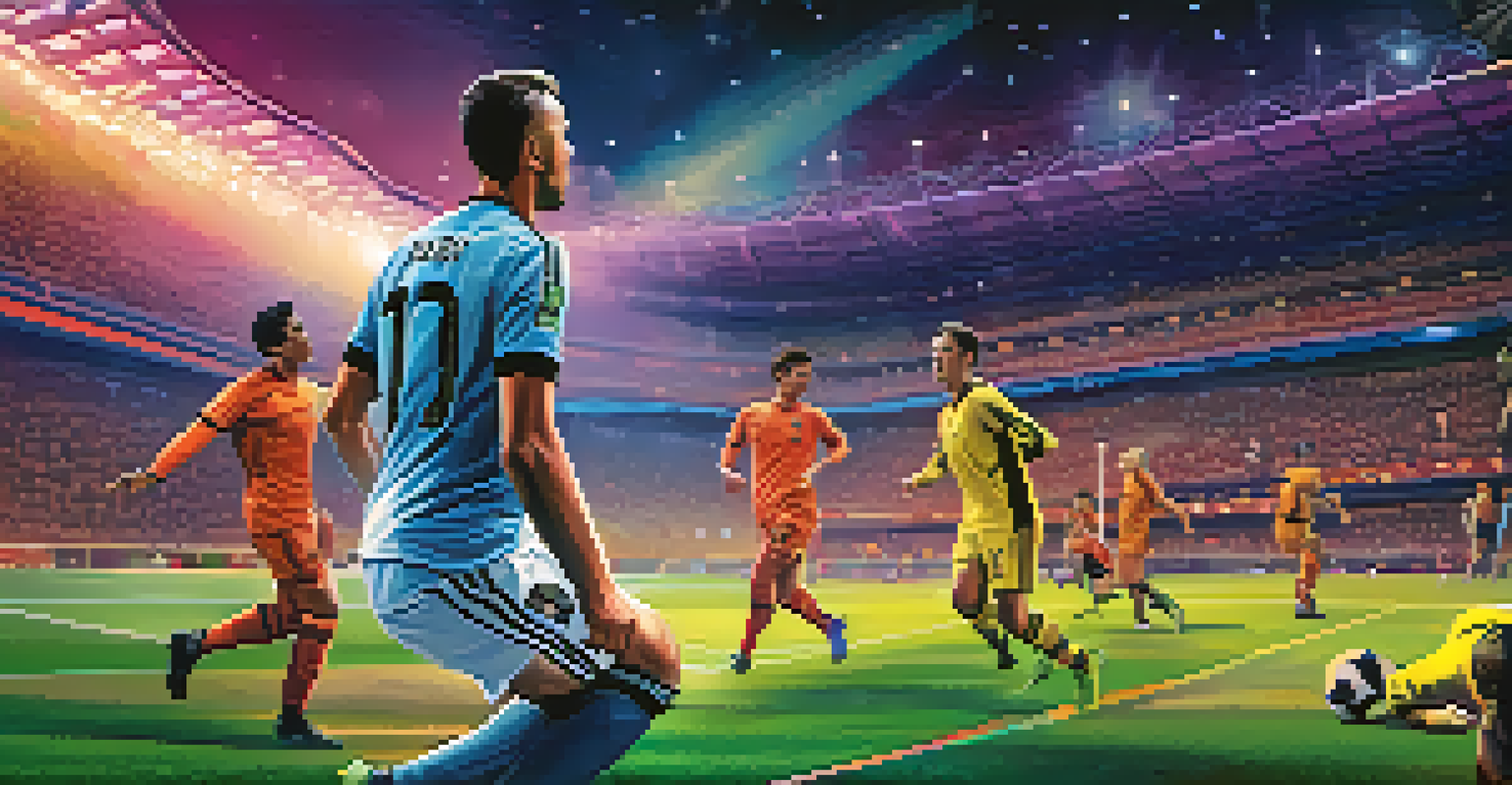 A limited edition NFT of a legendary soccer goal, presented in a glowing digital frame with a cheering crowd in the background.