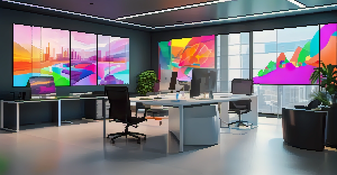 A modern office space featuring digital screens displaying colorful NFT artwork and asset performance graphs in a sleek and ambient environment.