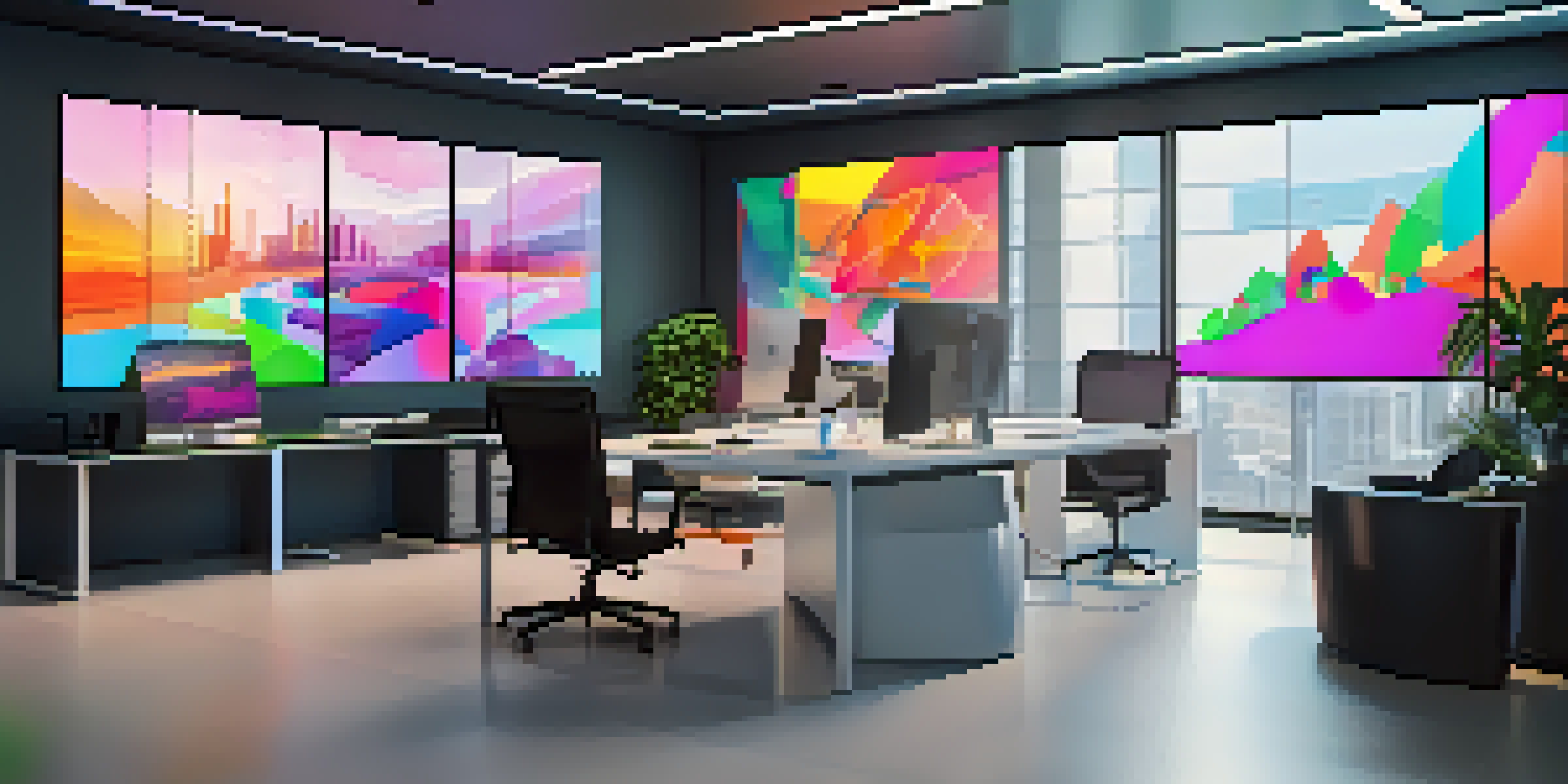A modern office space featuring digital screens displaying colorful NFT artwork and asset performance graphs in a sleek and ambient environment.