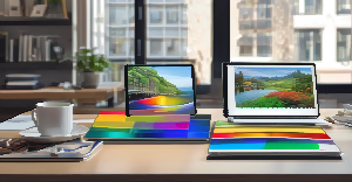 A tablet showcasing a colorful digital artwork in a modern workspace with natural light.