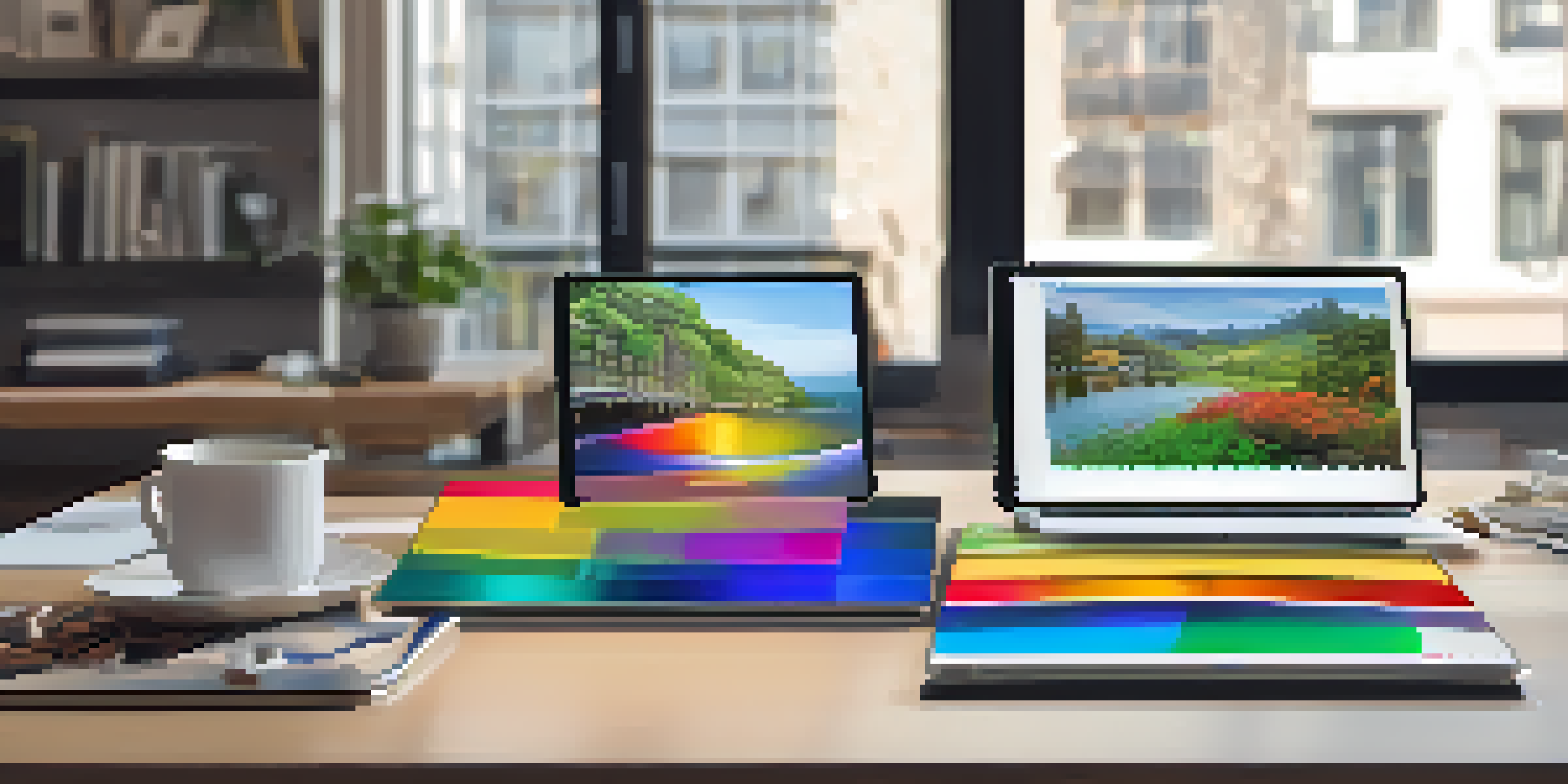 A tablet showcasing a colorful digital artwork in a modern workspace with natural light.