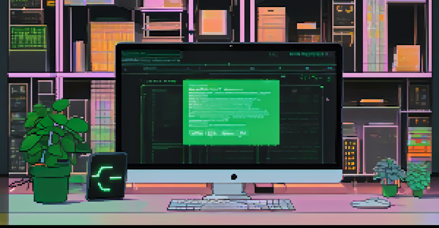 A computer screen showing a smart contract interface with glowing code and digital assets around it.