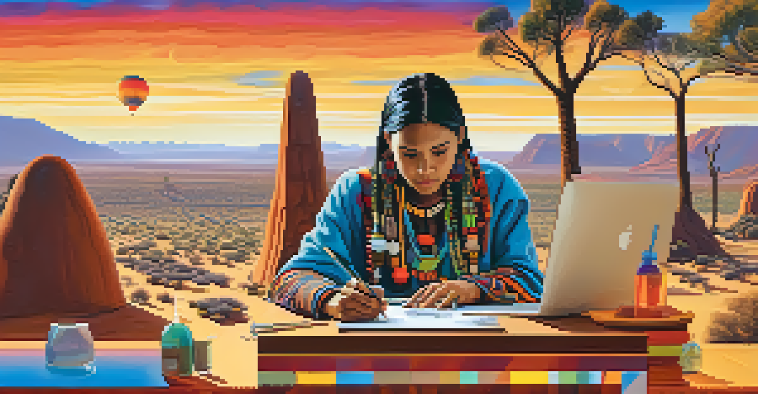 An Indigenous artist creating digital art, surrounded by cultural elements, with a desert landscape in the background.