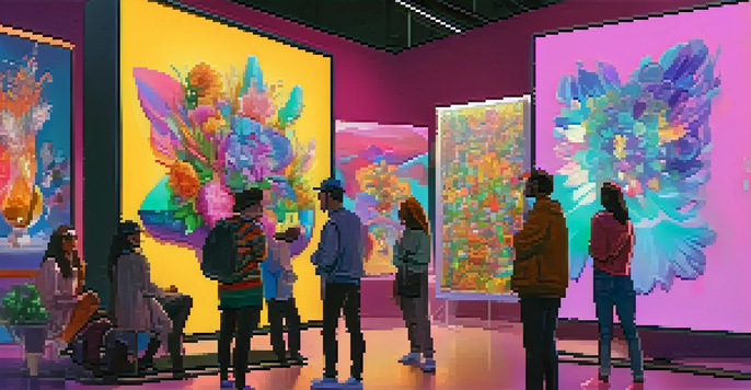 A bustling digital art marketplace displaying various colorful NFTs, with people engaging and discussing artworks.