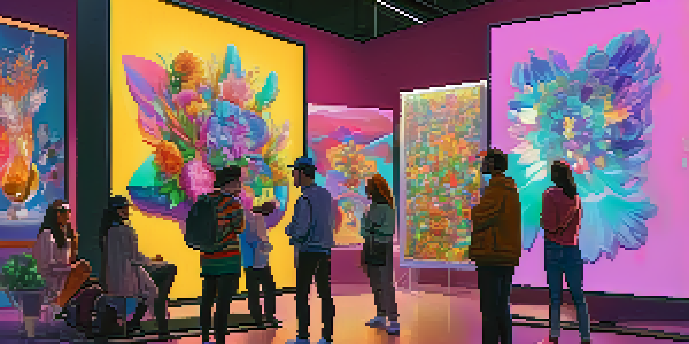 A bustling digital art marketplace displaying various colorful NFTs, with people engaging and discussing artworks.