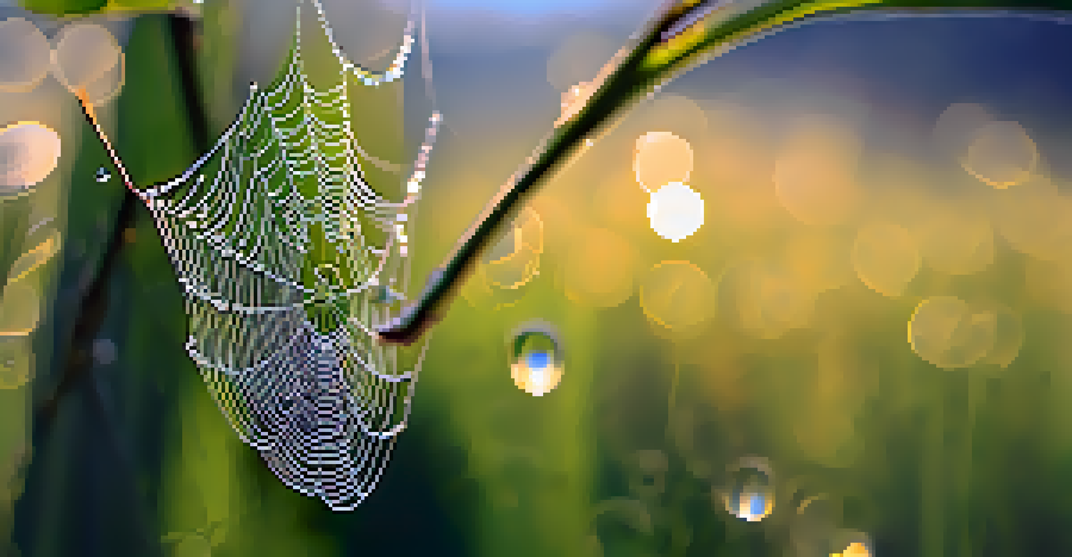 A close-up view of a spider web covered in dewdrops sparkling in the sunlight, with a blurred green background.