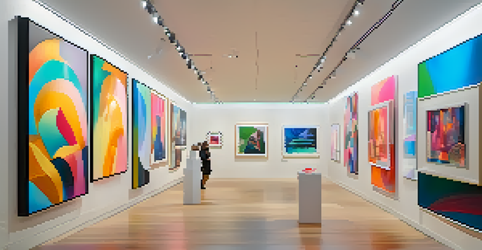 A digital art gallery filled with colorful NFTs and diverse visitors admiring artworks under soft lighting.