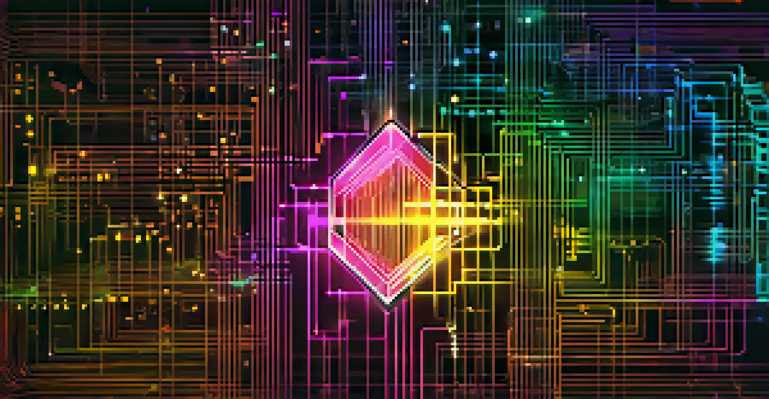 An abstract visual of glowing digital code representing smart contracts, set against a blockchain background with intricate patterns.