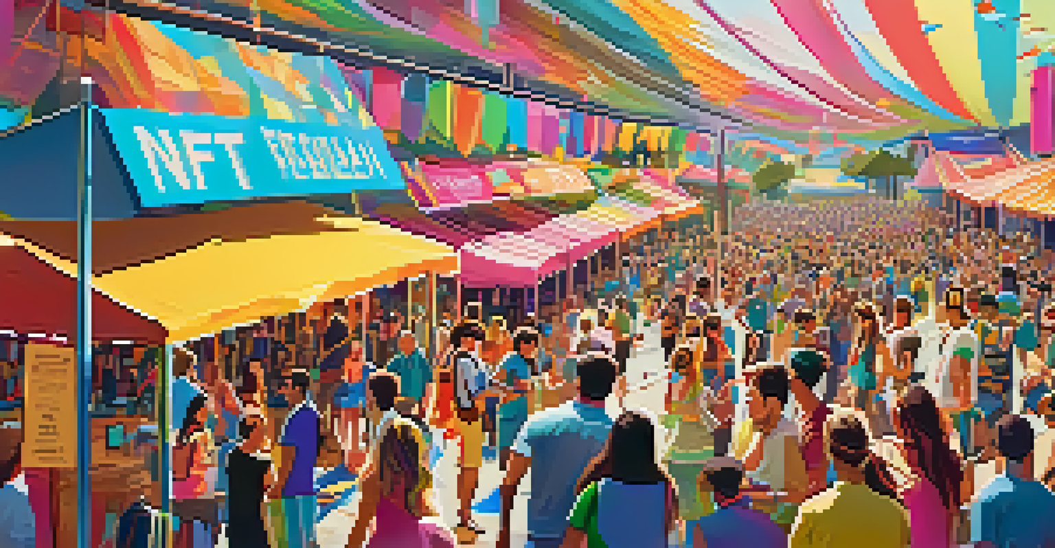 A lively outdoor festival where people are attending an NFT auction, surrounded by colorful banners and interactive kiosks showcasing digital art.