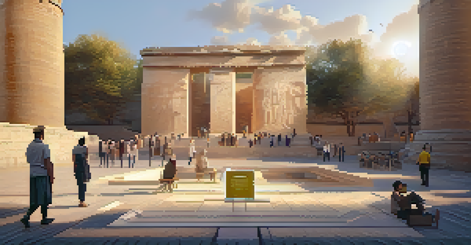 A cultural heritage site with people interacting with digital overlays representing NFTs, under golden sunlight.