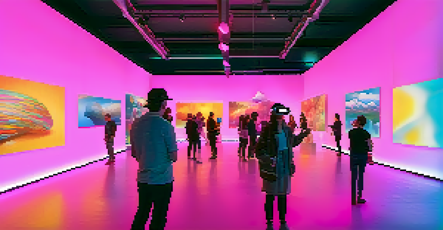 A virtual reality gallery where people explore NFTs in a 3D space with colorful lighting.