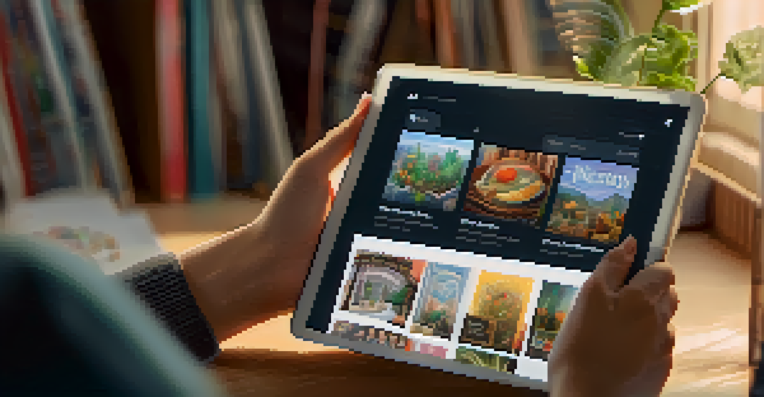 A person closely examining a digital tablet showcasing an NFT marketplace with vibrant images of digital art.