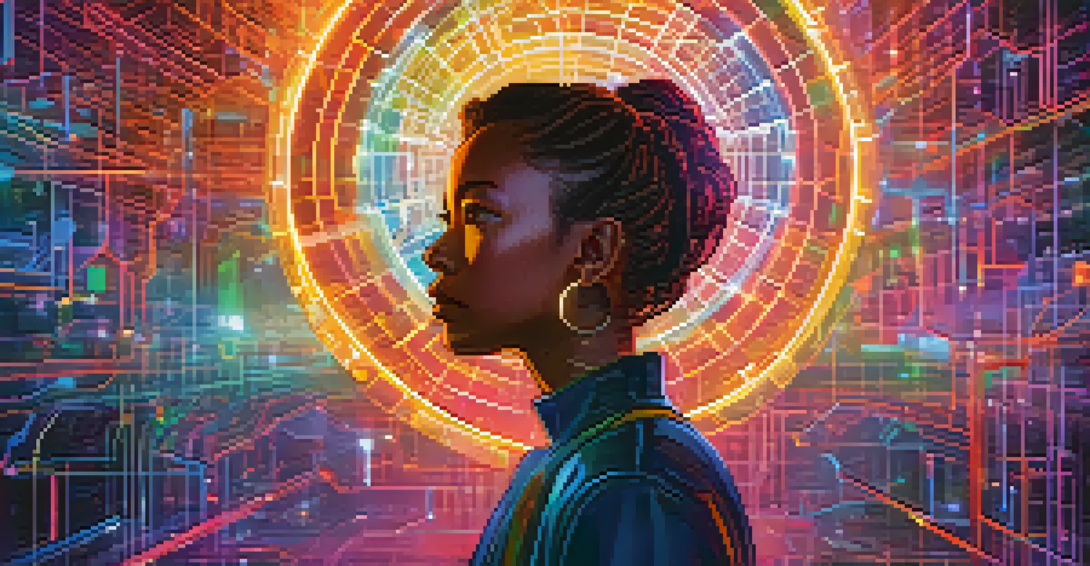 An illustration of a digital avatar holding a key, symbolizing control over identity in the NFT space, surrounded by blockchain representations.
