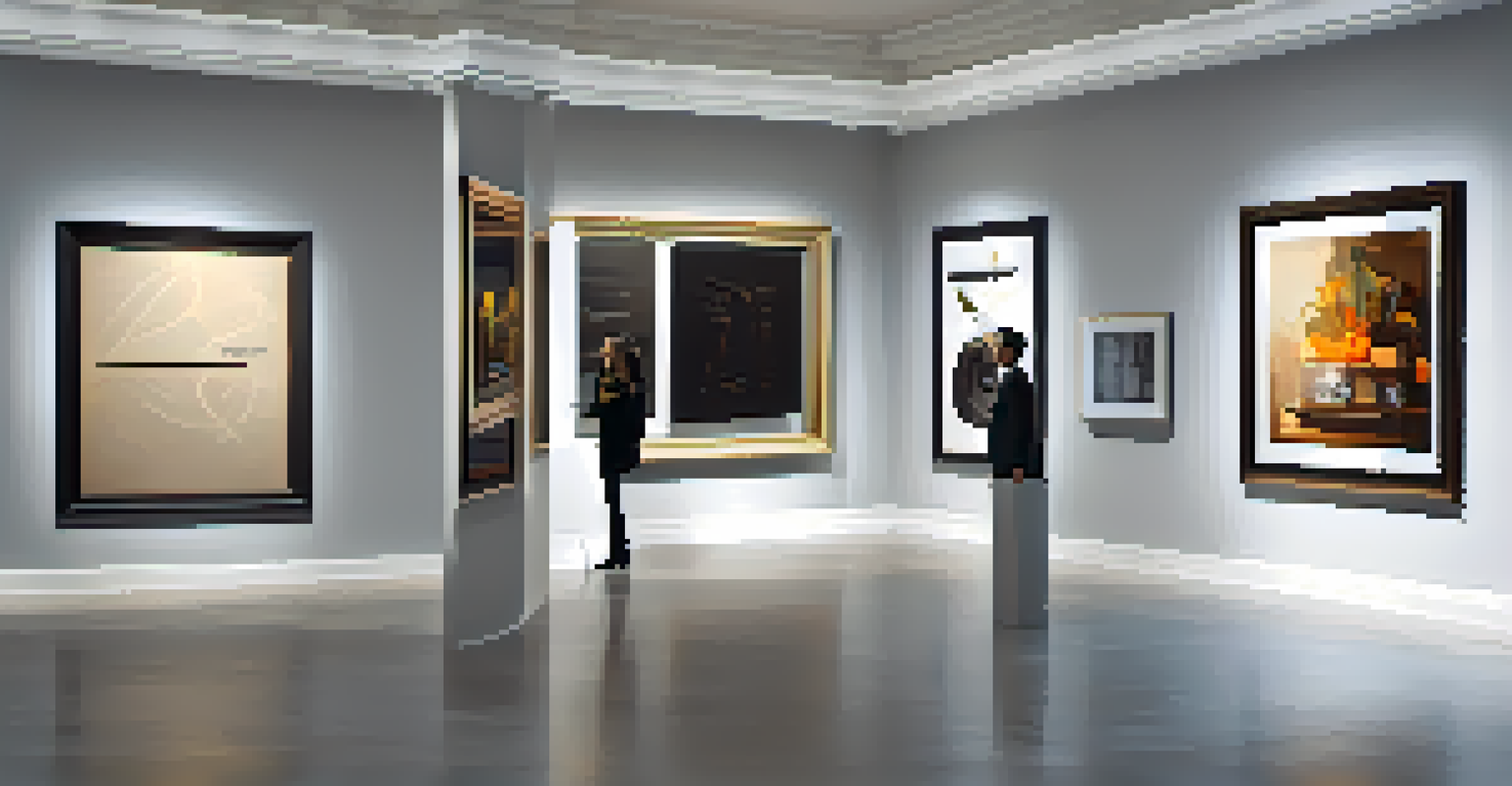 A virtual gallery showcasing premium digital art pieces framed elegantly, with visitors admiring the artworks under soft spotlighting in a sophisticated setting.
