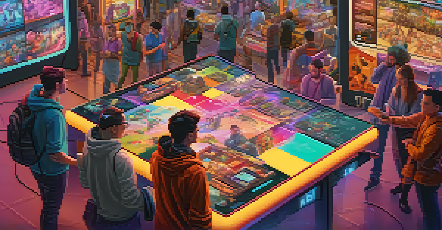 Gamers interacting in a vibrant virtual marketplace filled with traditional game assets and NFTs, showcasing their excitement.