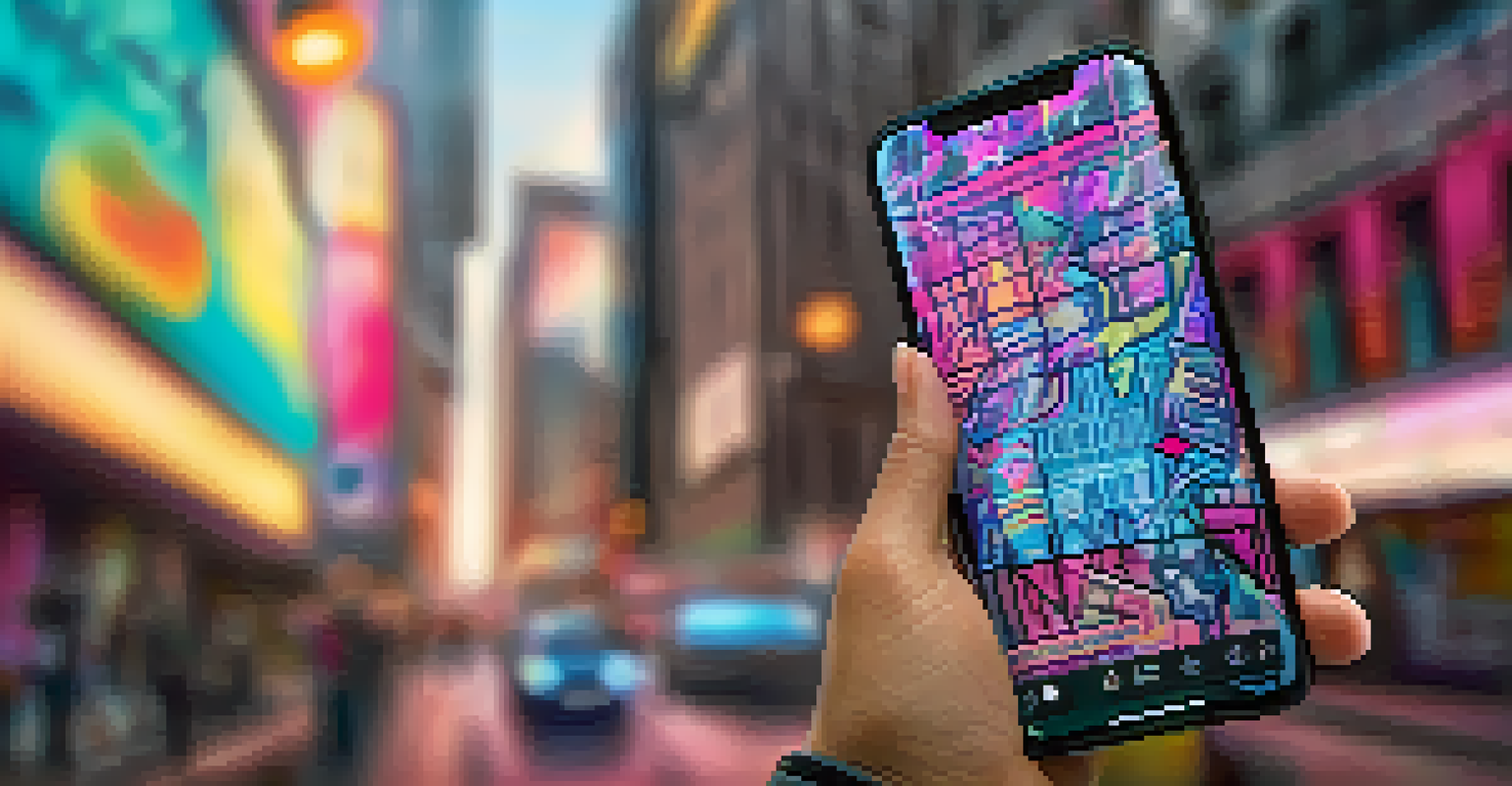 A close-up of a hand holding a smartphone displaying an NFT with a social message, set against a blurred urban backdrop with graffiti.