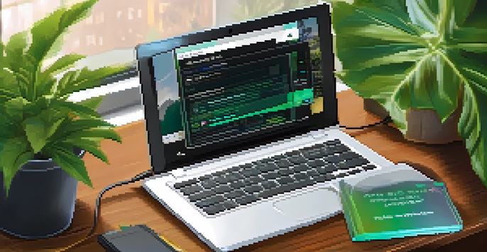 A close-up of a secure hardware wallet on a wooden desk with green plants and a blurred laptop in the background.