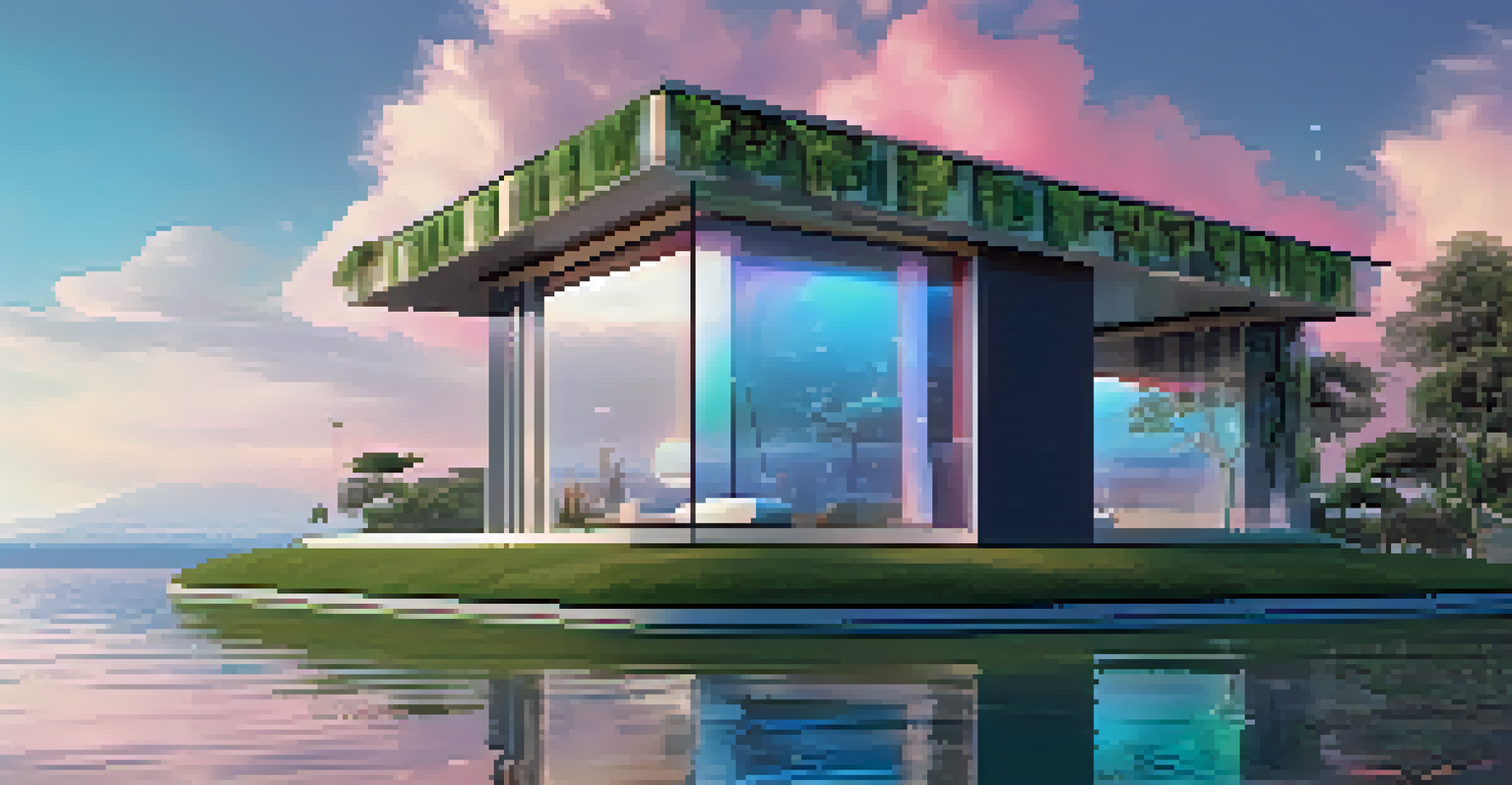 A 3D rendering of a stylish virtual property in the metaverse, surrounded by animated greenery and shimmering water.