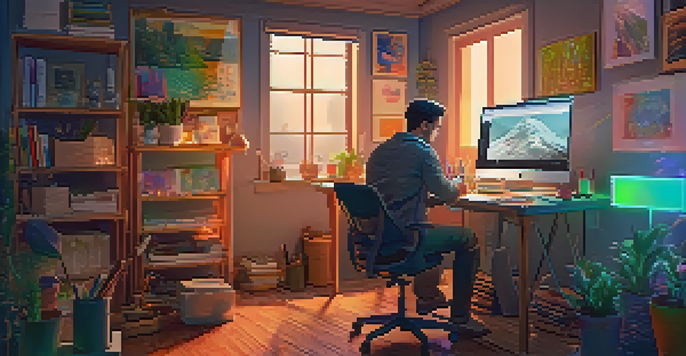 A digital artist working in a colorful art studio filled with creative tools and artworks, illuminated by warm lighting.