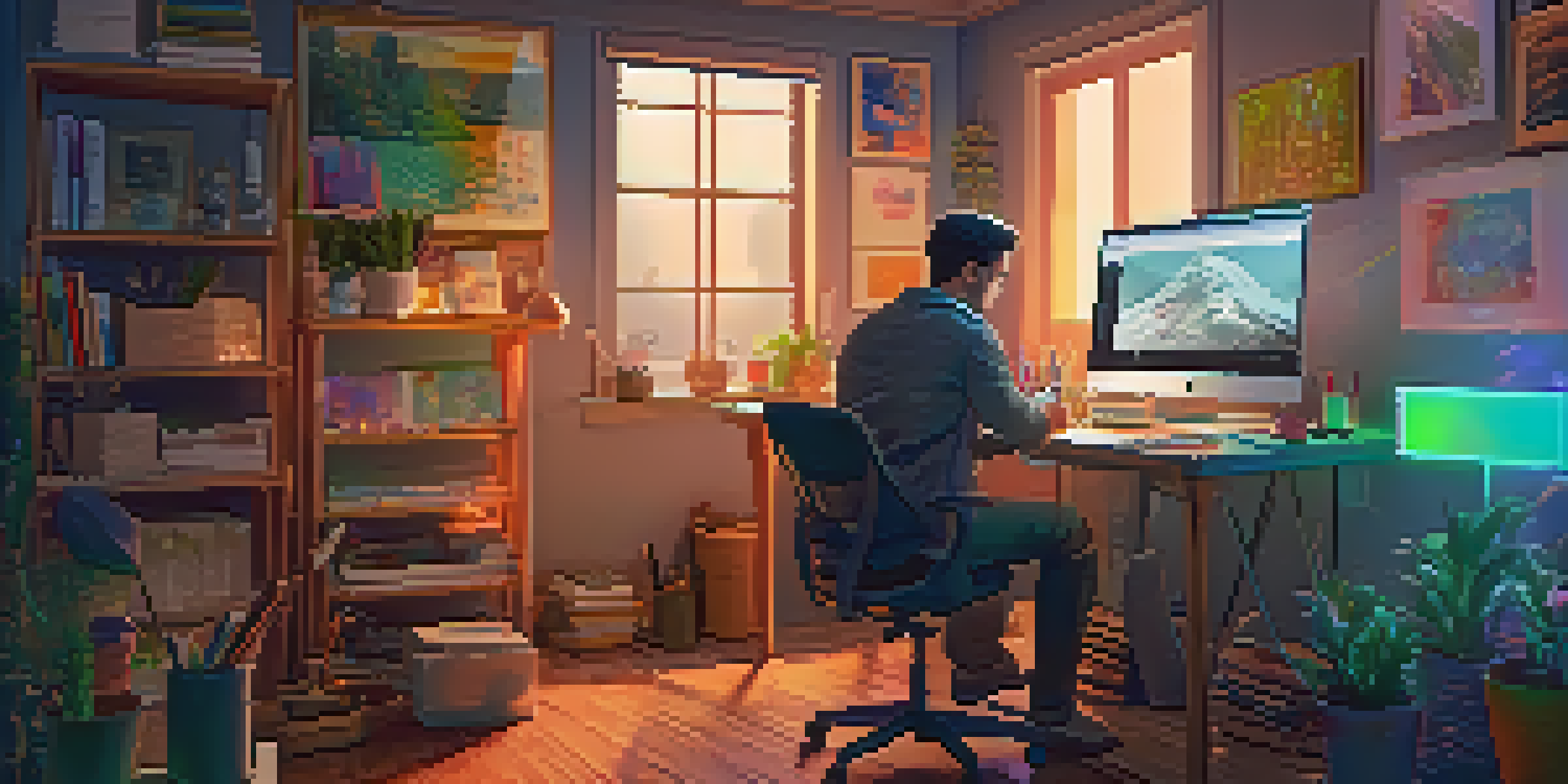 A digital artist working in a colorful art studio filled with creative tools and artworks, illuminated by warm lighting.