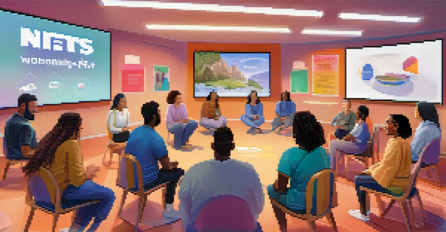 A community workshop with diverse participants seated in a circle, discussing NFTs with a large screen displaying relevant information.