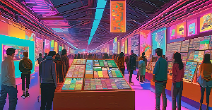 A lively digital art marketplace with artists displaying their unique NFTs on virtual screens and collectors admiring the artworks.