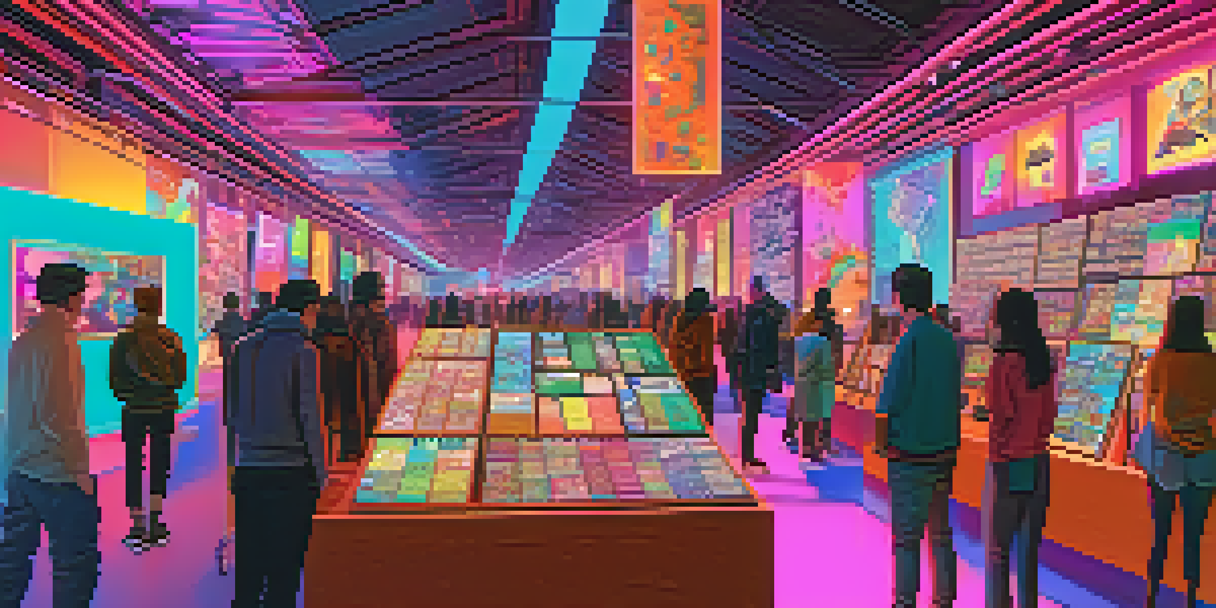 A lively digital art marketplace with artists displaying their unique NFTs on virtual screens and collectors admiring the artworks.