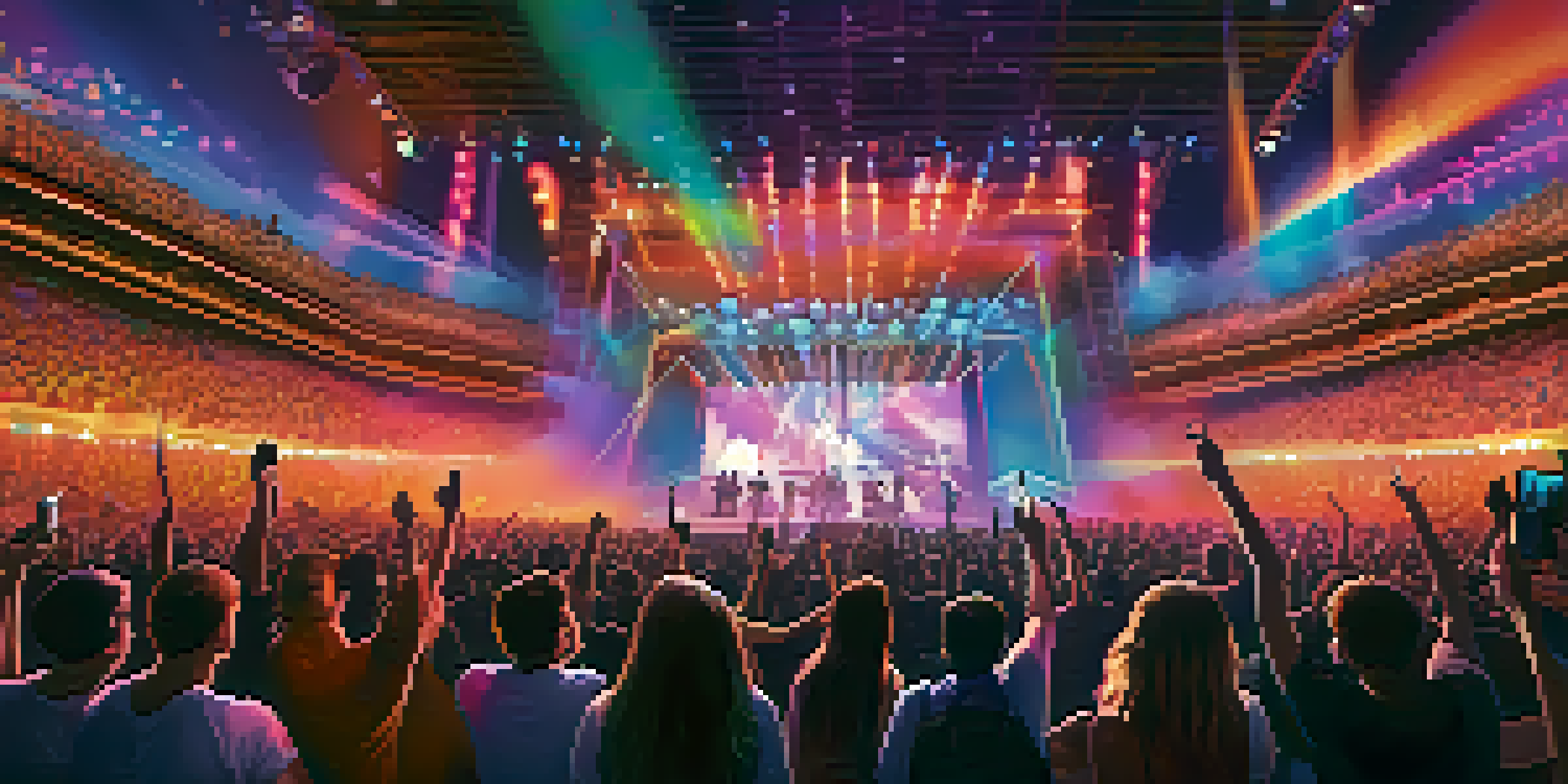 A lively virtual concert with a diverse crowd enjoying a performance, colorful lights illuminating the stage and fans capturing the moment with their smartphones.