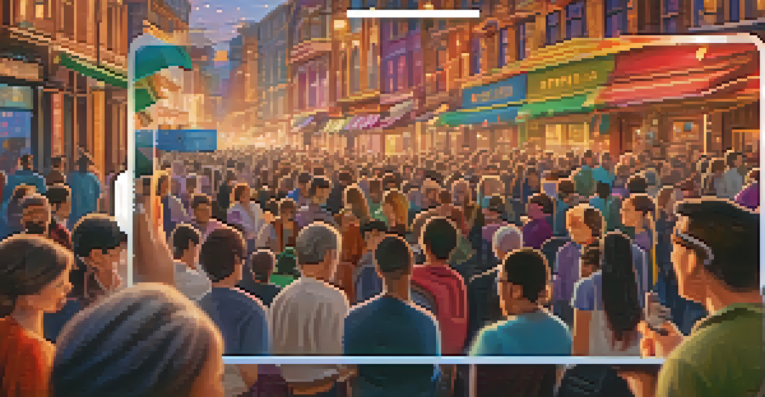 A close-up of a unique NFT on a digital device, with a blurred community gathering in the background.