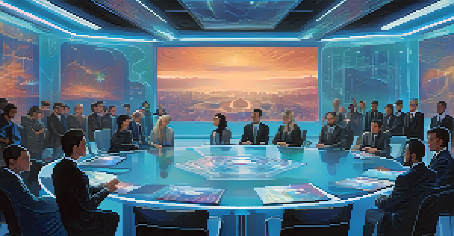 A futuristic meeting of a DAO with diverse individuals around a table featuring holographic displays for voting and project ideas.