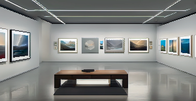 A digital art gallery with various NFTs displayed on screens, softly lit with modern lights and a polished wooden floor.