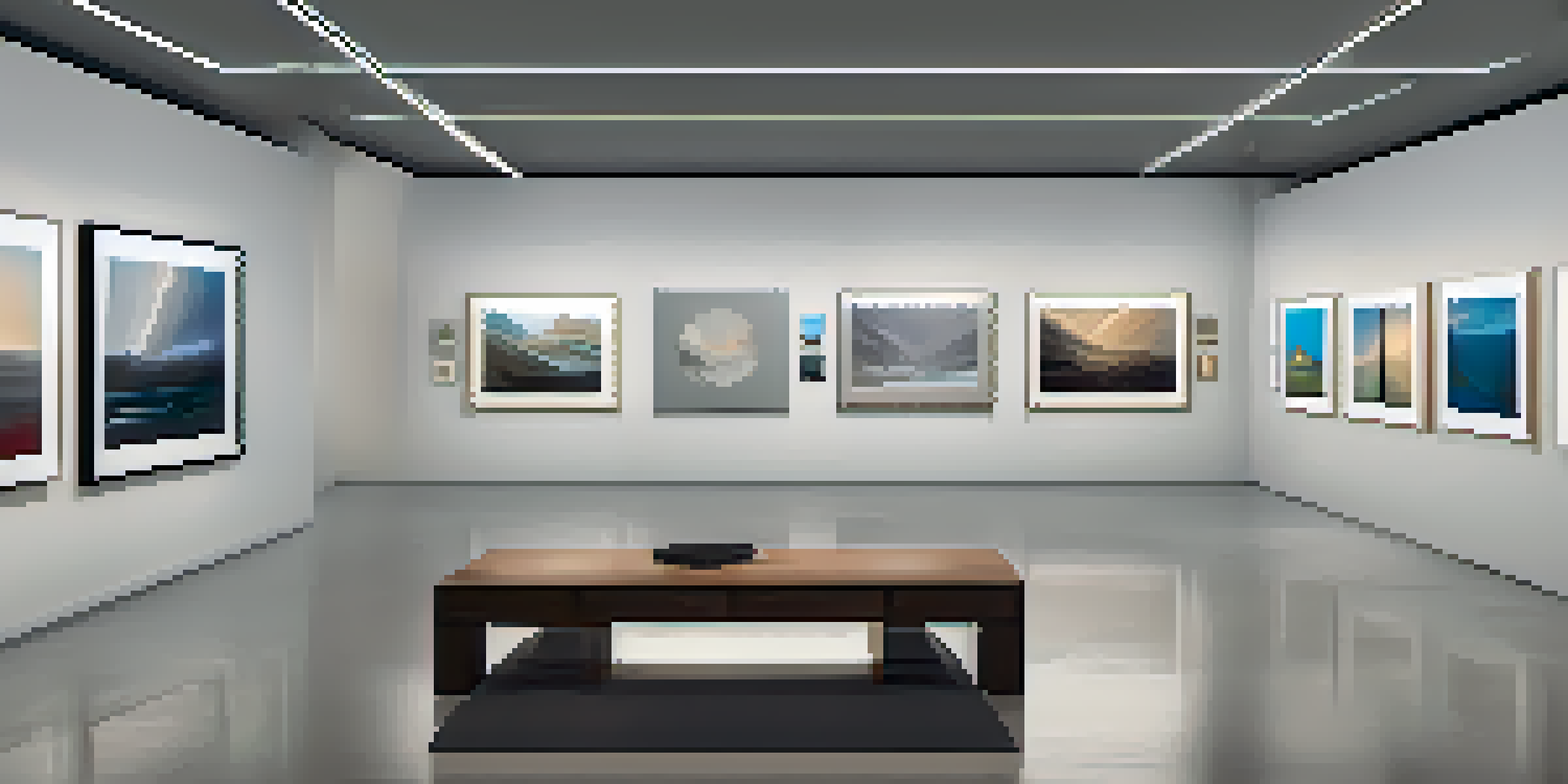 A digital art gallery with various NFTs displayed on screens, softly lit with modern lights and a polished wooden floor.
