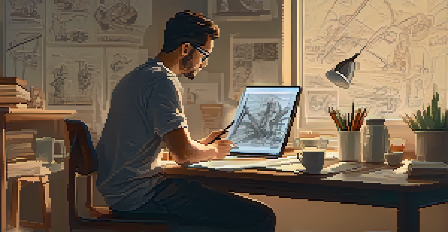 An artist at a desk creating NFT art on a tablet, surrounded by sketches and warm lighting from a desk lamp.