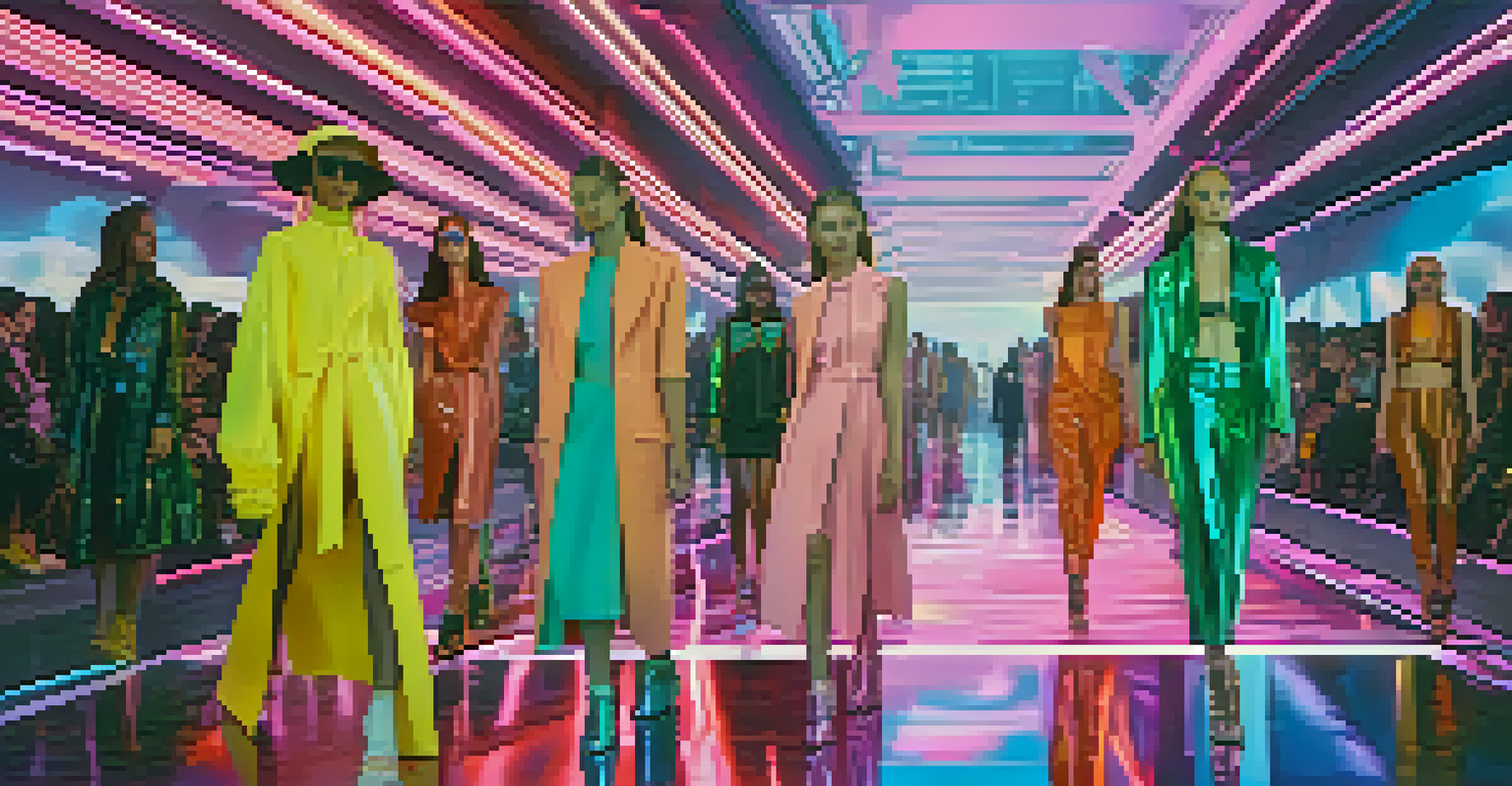 A futuristic fashion runway featuring models in holographic digital fashion pieces, surrounded by a high-tech urban setting and dynamic lighting.