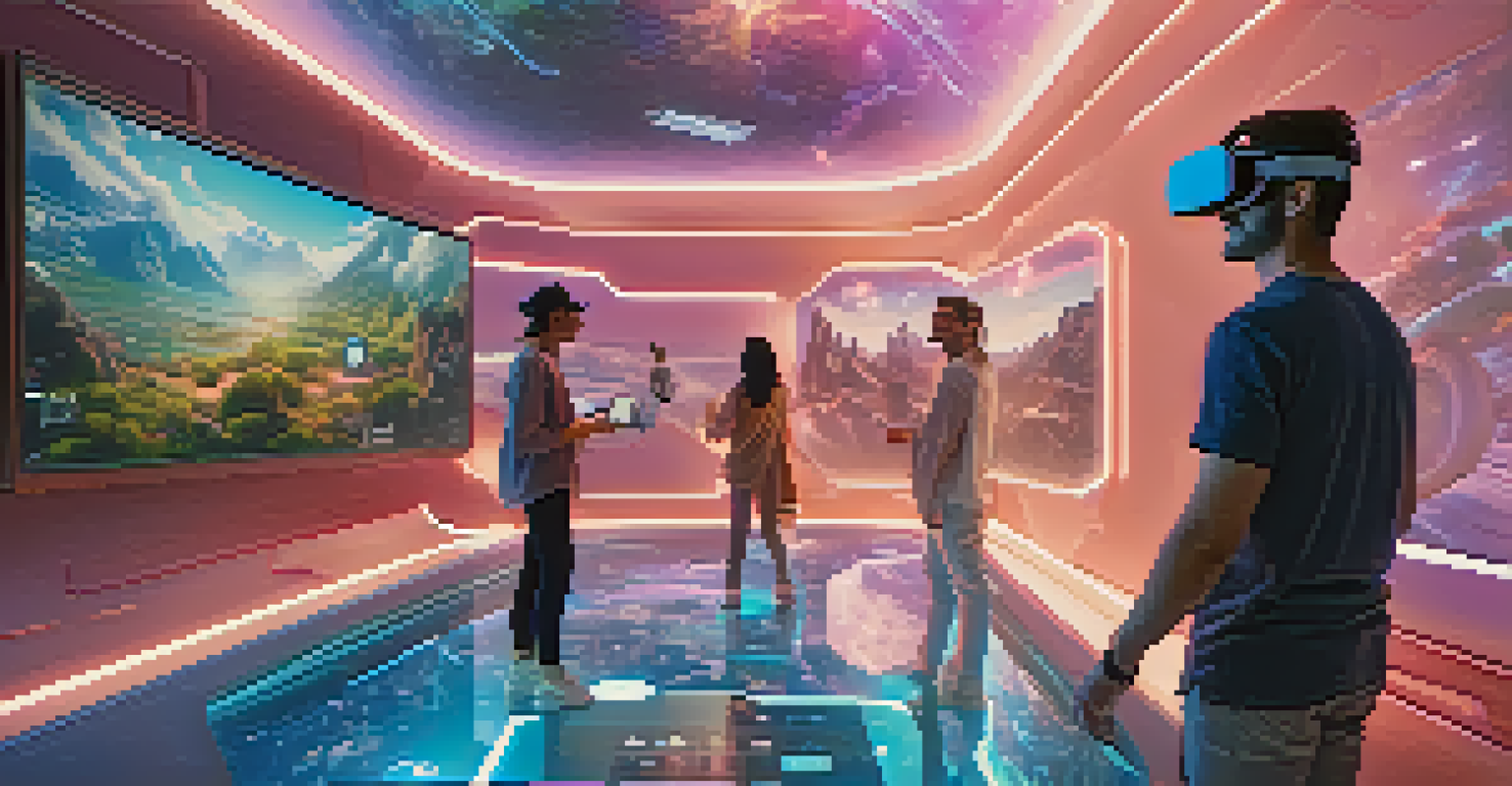 A futuristic 3D virtual reality space with users interacting with floating NFT displays, highlighting an immersive digital experience.