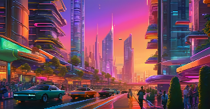 A colorful futuristic city with skyscrapers, neon lights, and flying cars during sunset.