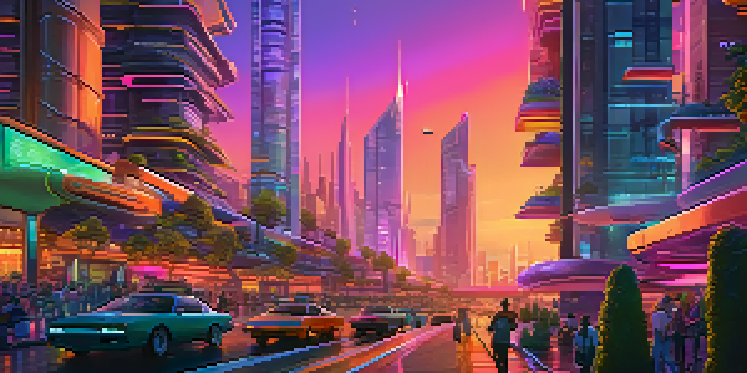 A colorful futuristic city with skyscrapers, neon lights, and flying cars during sunset.