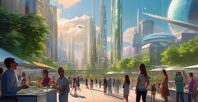 A futuristic city with eco-friendly buildings and a diverse group of artists and collectors discussing digital art.